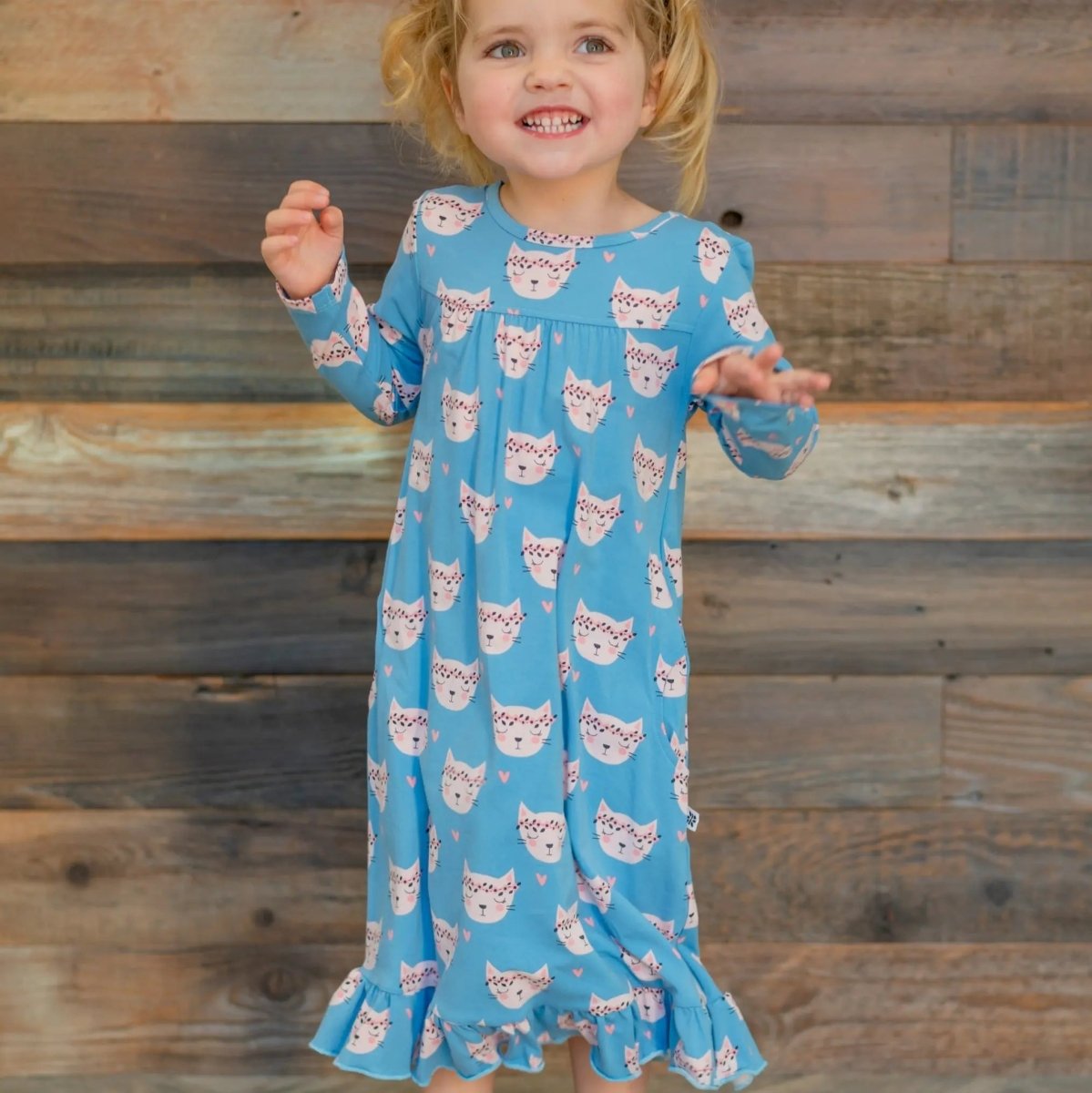 Sweet Bamboo Pretty Pink Cat Boho Dress with Ruffles and Pockets for Girls - 