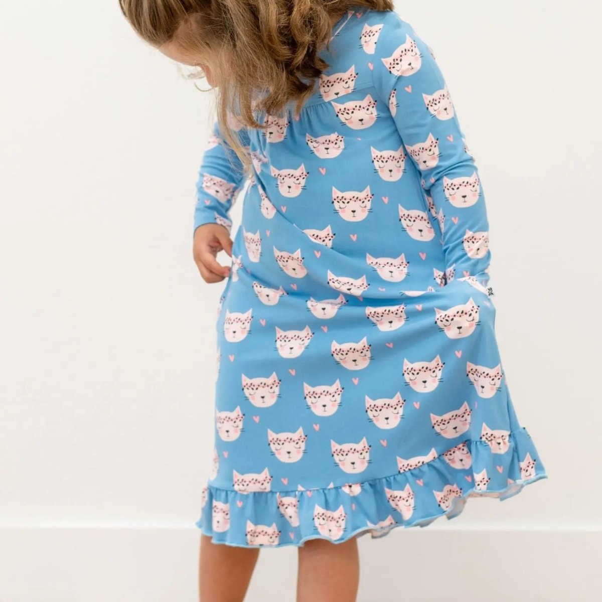 Sweet Bamboo Pretty Pink Cat Boho Dress with Ruffles and Pockets for Girls - 