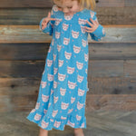 Sweet Bamboo Pretty Pink Cat Boho Dress with Ruffles and Pockets for Girls - 