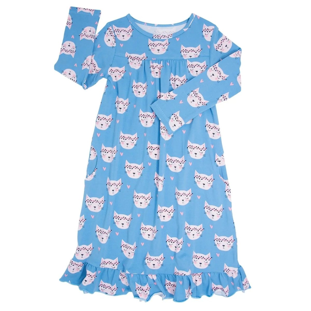 Sweet Bamboo Pretty Pink Cat Boho Dress with Ruffles and Pockets for Girls - 