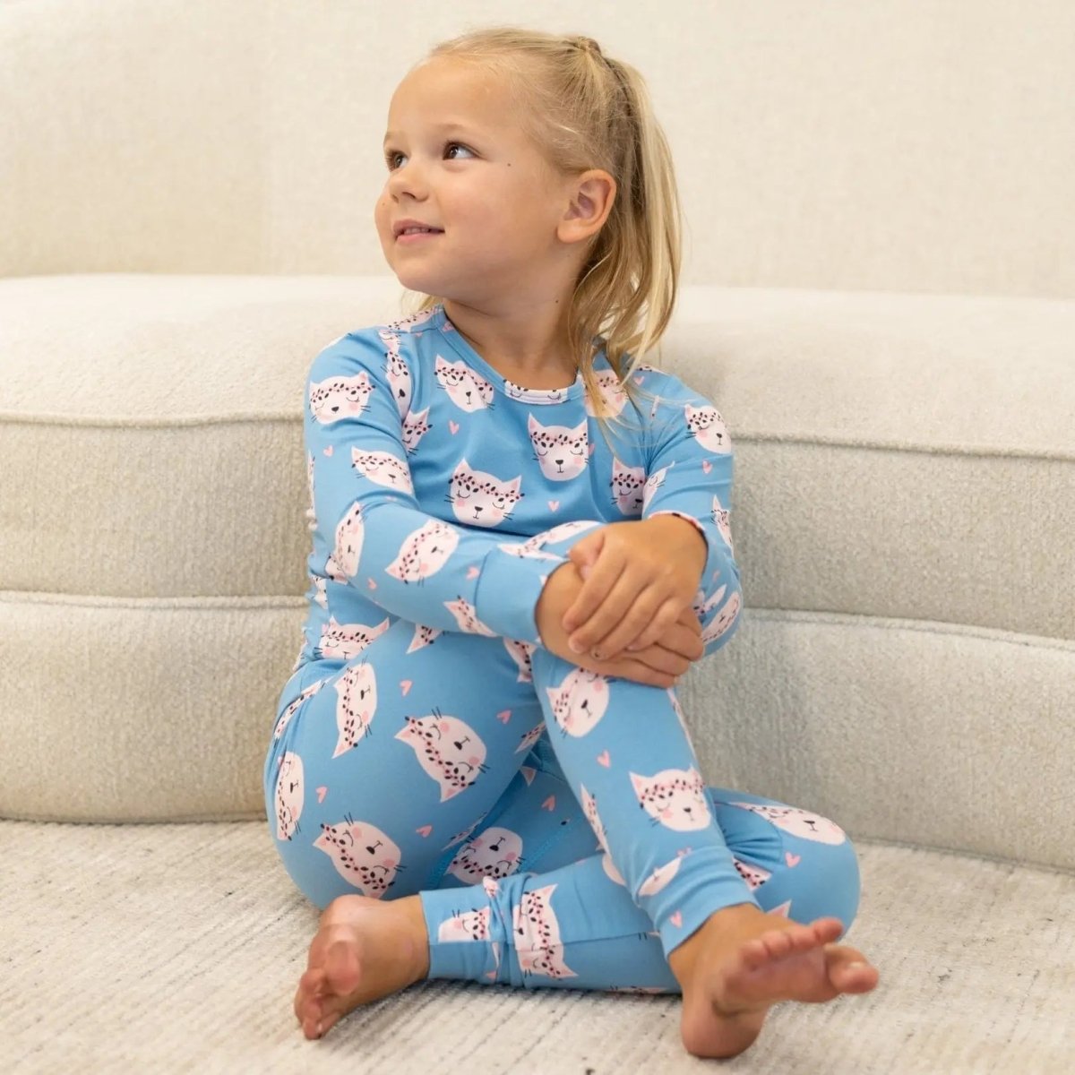 Sweet Bamboo Pretty Pink Cat Pajama Set with Adorable Design for Big Kids - 