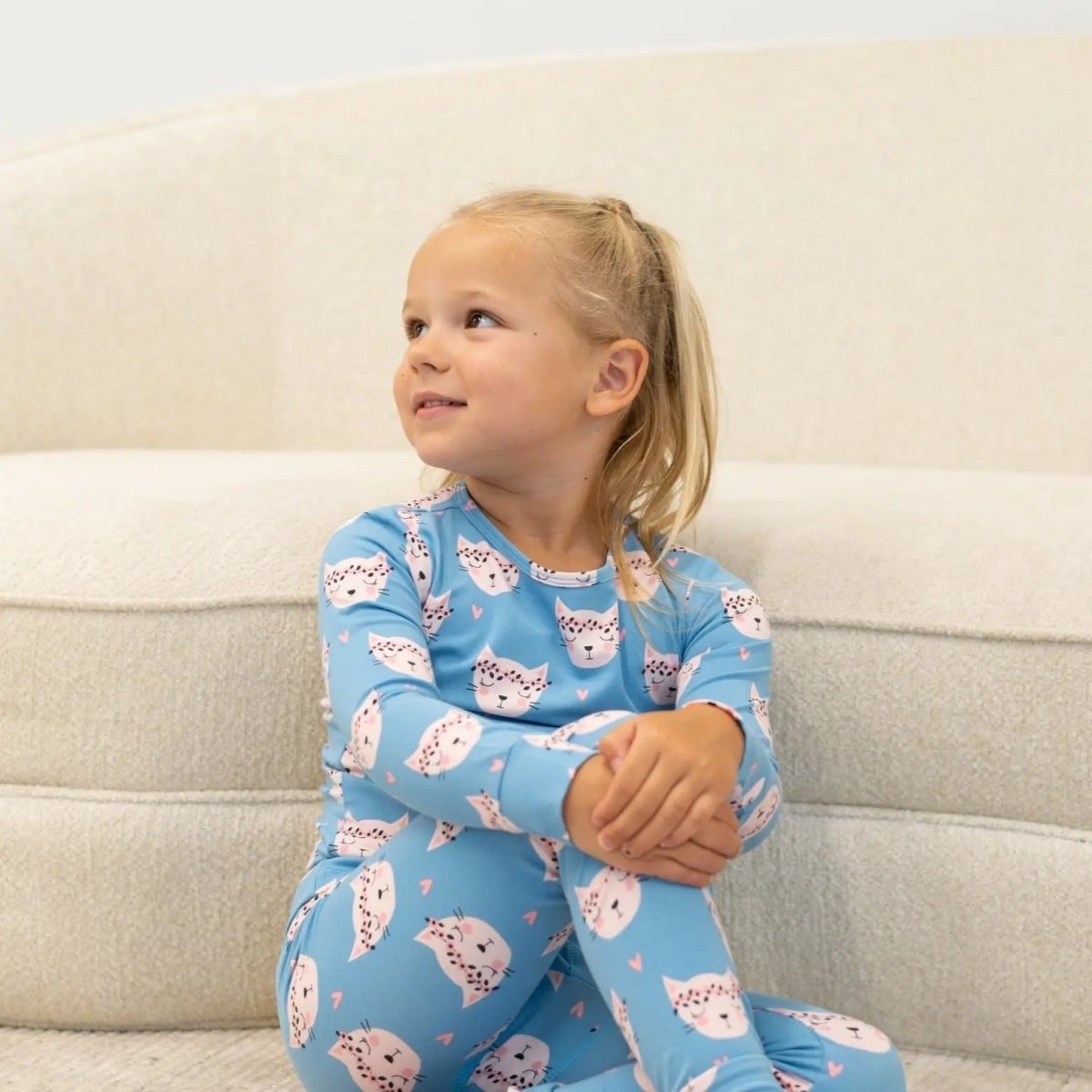 Sweet Bamboo Pretty Pink Cat Pajama Set with Adorable Design for Big Kids - 
