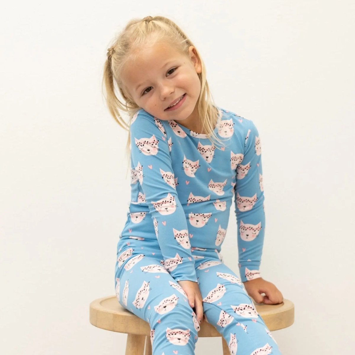 Sweet Bamboo Pretty Pink Cat Pajama Set with Adorable Design for Big Kids - 
