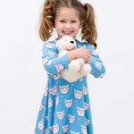 Sweet Bamboo Pretty Pink Cat Swirly Dress with Long Sleeves for Everyday Wear - 
