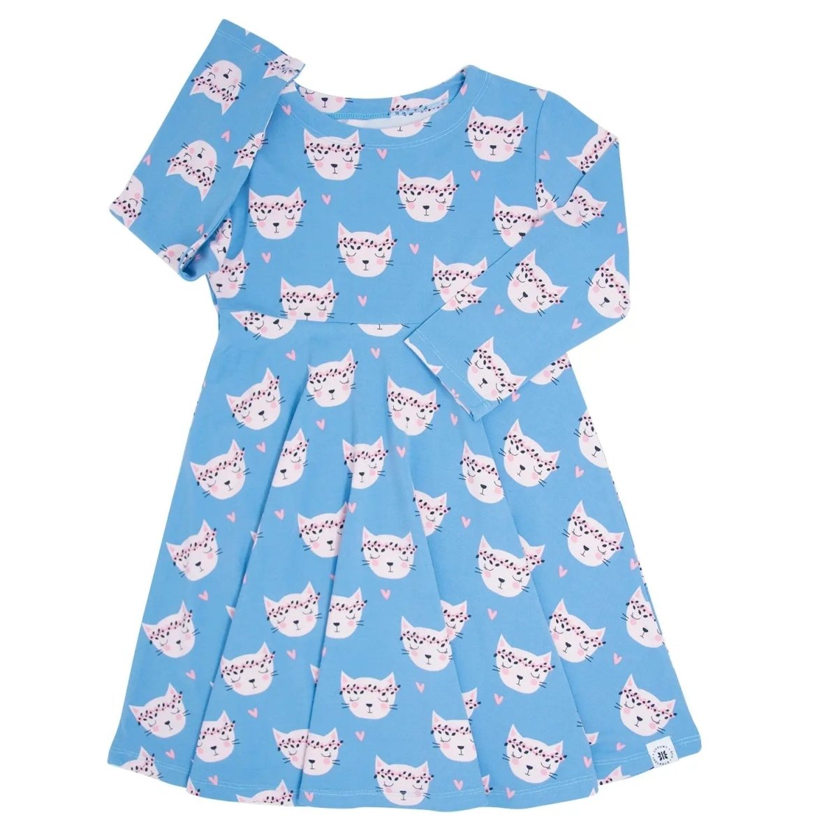 Sweet Bamboo Pretty Pink Cat Swirly Dress with Long Sleeves for Everyday Wear - 