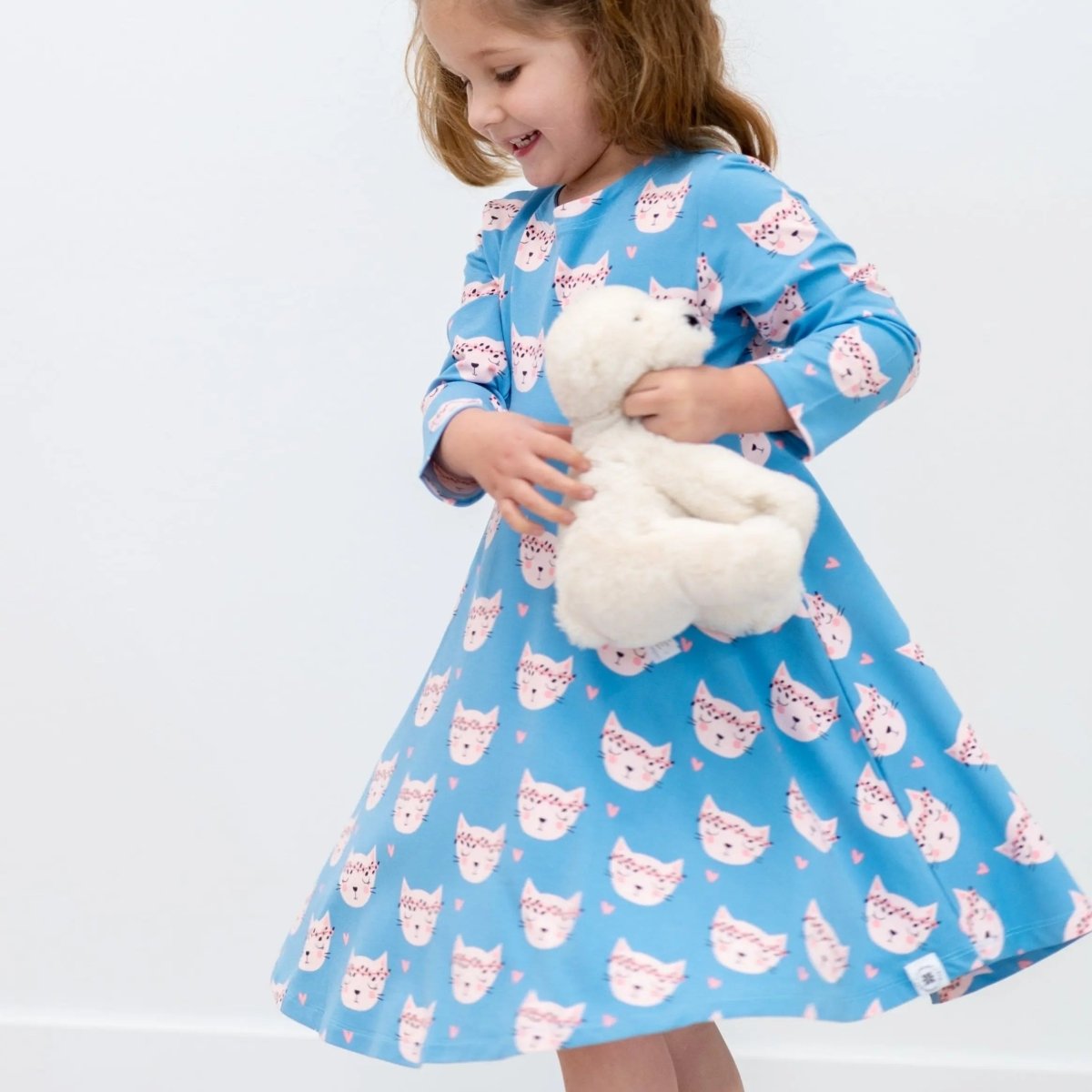 Sweet Bamboo Pretty Pink Cat Swirly Dress with Long Sleeves for Everyday Wear - 