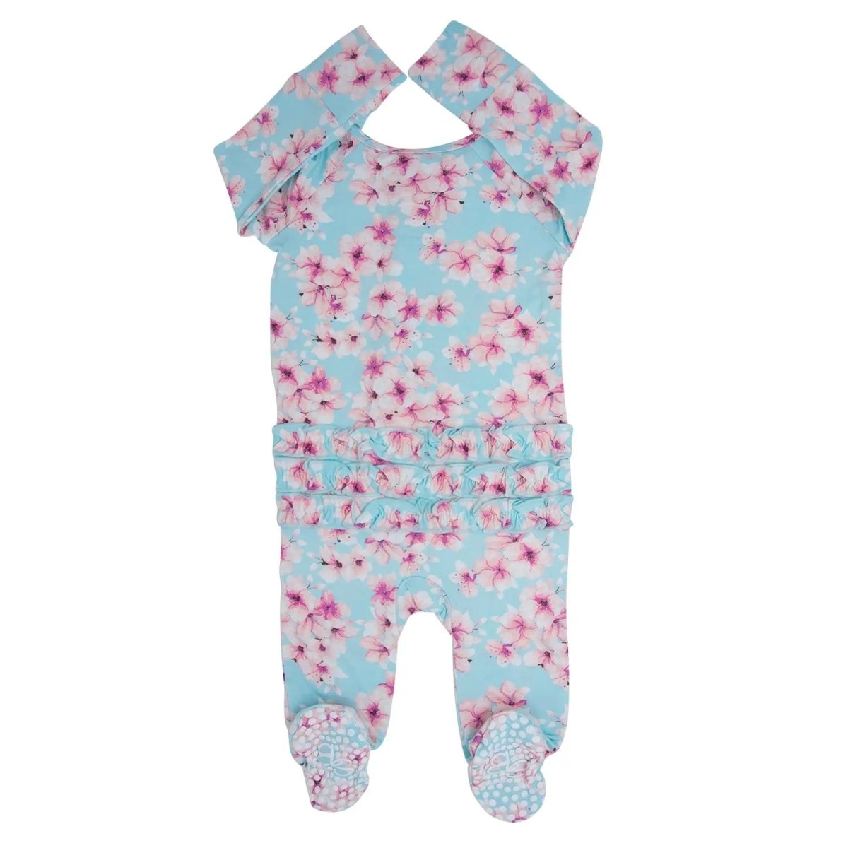 Sweet Bamboo Pretty Pink Floral Ruffle Footie with Hypoallergenic Fabric for Babies - 
