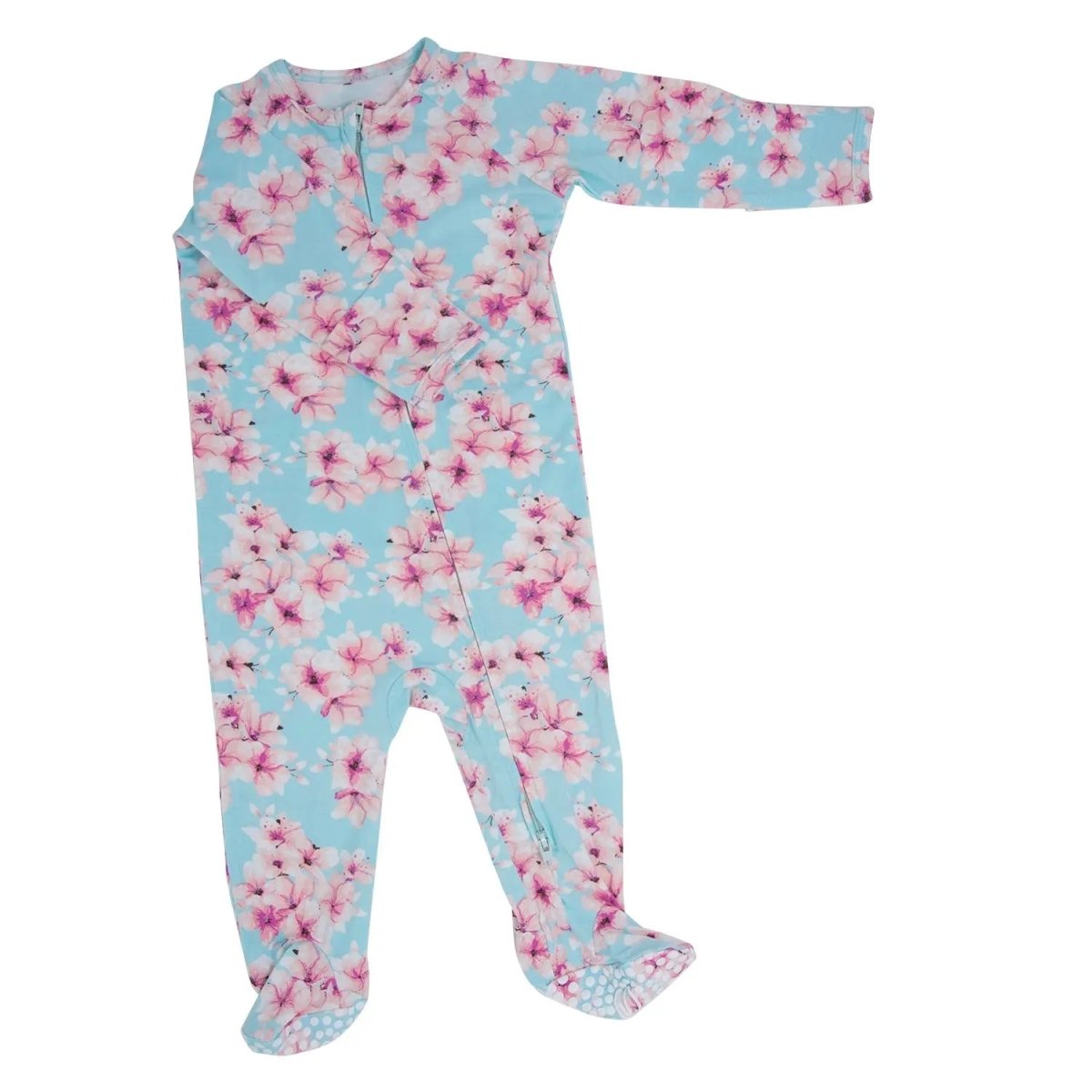 Sweet Bamboo Pretty Pink Floral Zipper Footie with Silicone Grips for Baby Girls - 