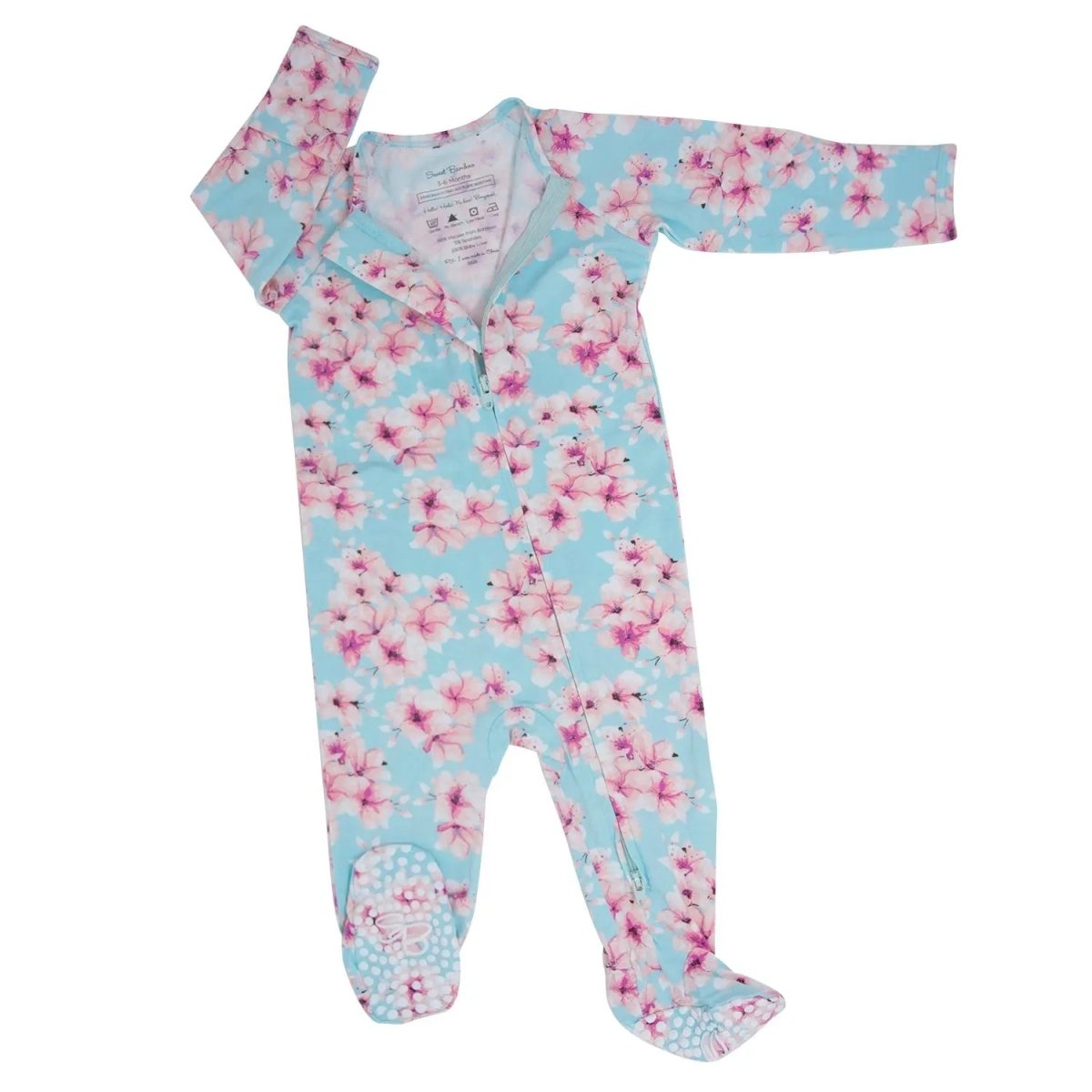 Sweet Bamboo Pretty Pink Floral Zipper Footie with Silicone Grips for Baby Girls - 