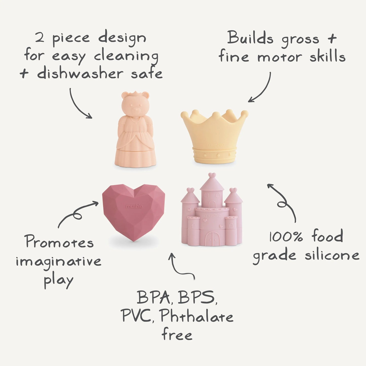 Princess Mold Free Bath Play Set with Crown Castle Heart Gem and Bear Princess Mushie
