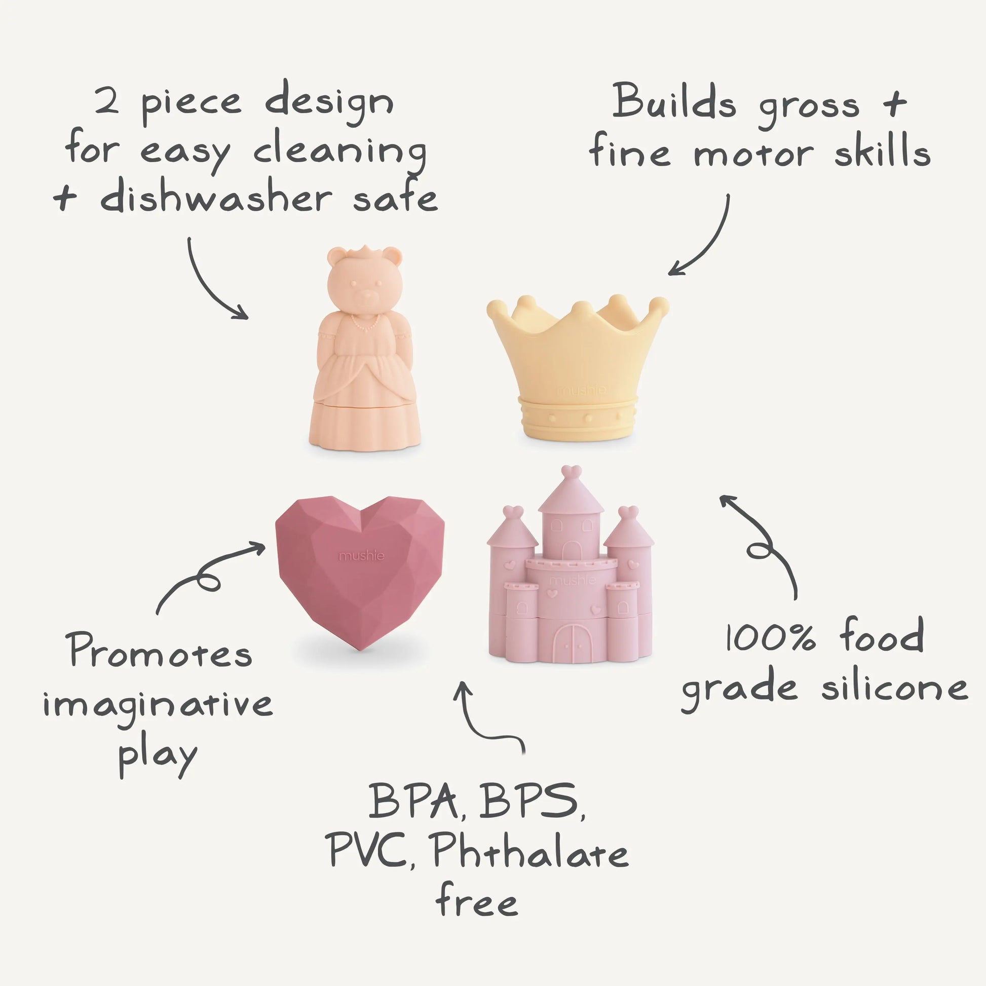 Princess Mold Free Bath Play Set with Crown Castle Heart Gem and Bear Princess Mushie