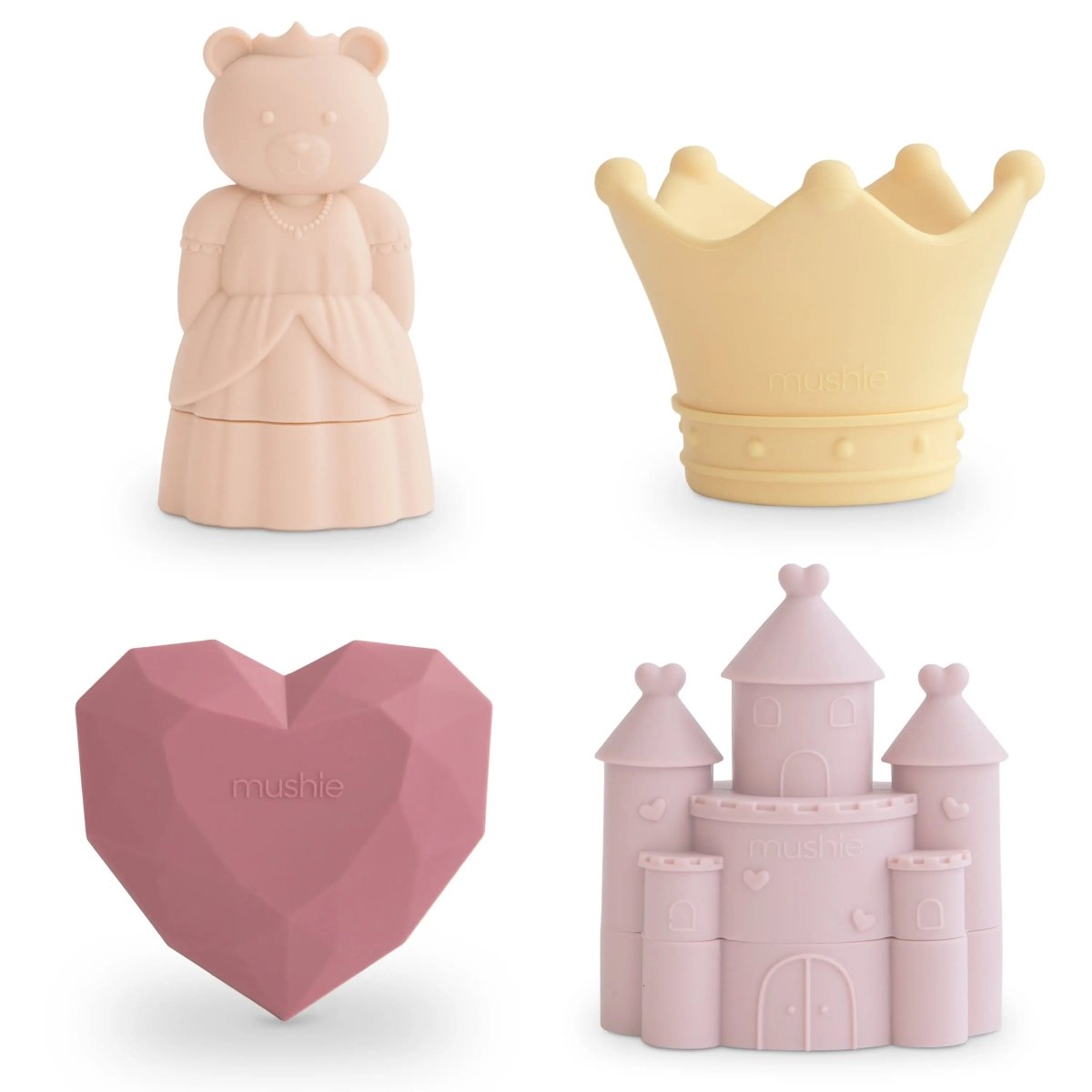 Mushie Princess Mold Free Bath Play Set with Crown Castle Heart Gem and Bear Princess - 