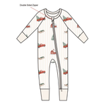 Baby zippered footed pajamas in a little red truck print with fold-over feet and mittens