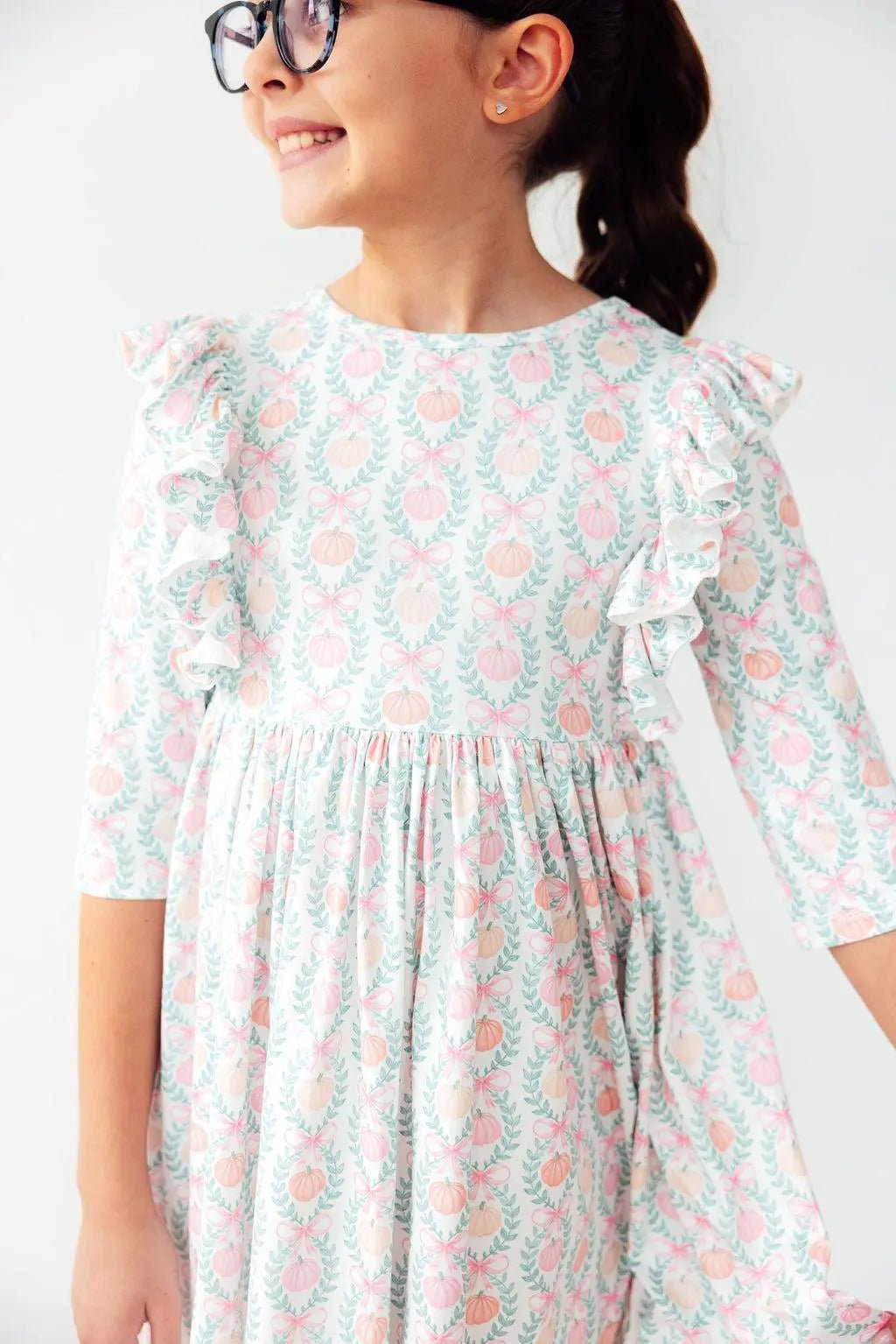 Mila & Rose ® Pumpkin Kisses, Harvest Wishes 3/4 Sleeve Ruffle Twirl Dress - 