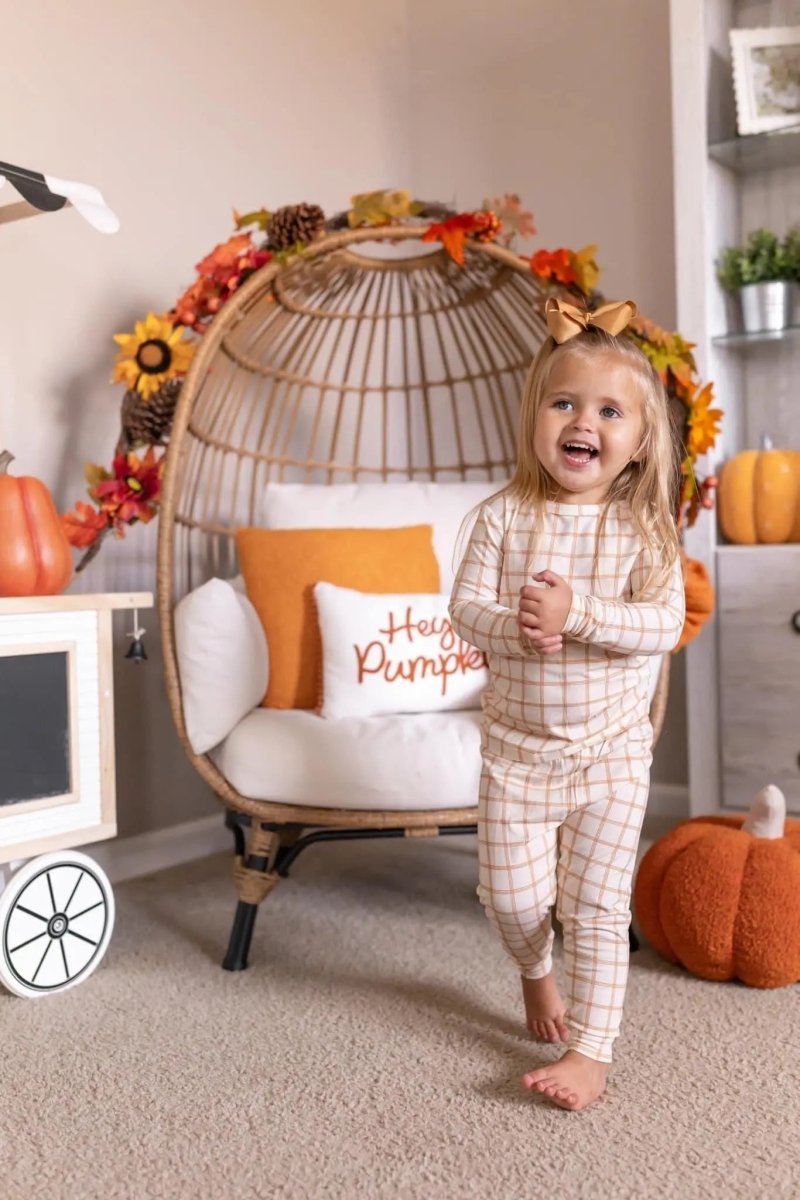 Little Joy Co. Pumpkin Pajamas 2pc Plaid Bamboo Set For Kids Warm Cozy - Everetts Place Boutique - 