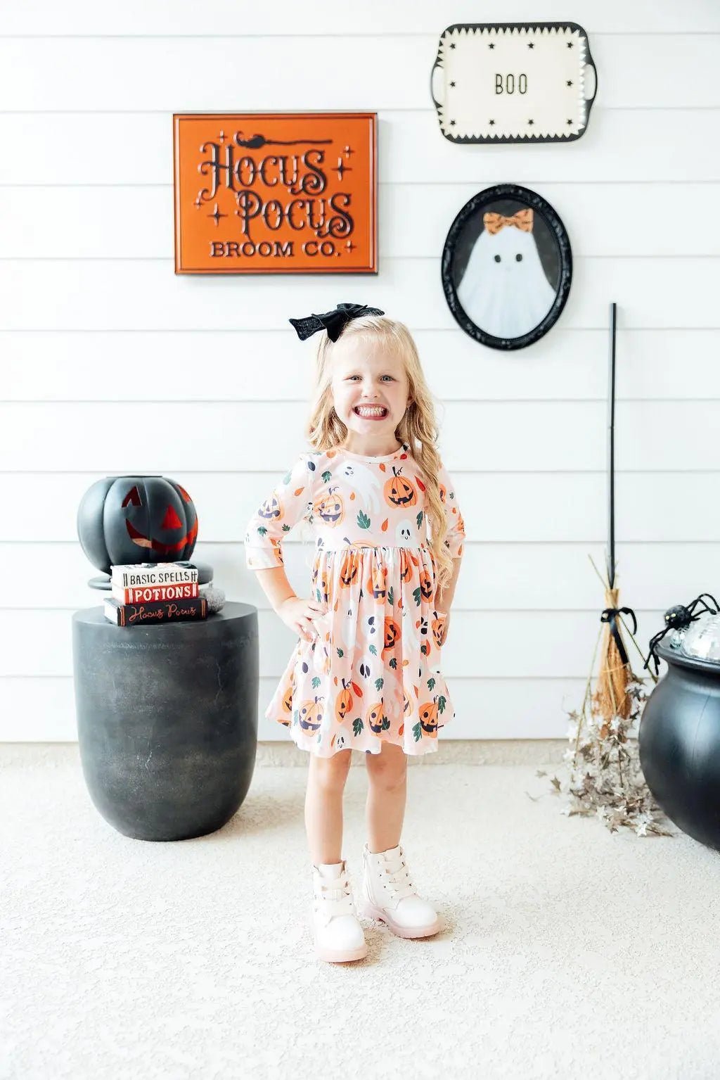 Mila & Rose ® Pumpkin Peekaboo 3/4 Sleeve Pocket Twirl Dress - 