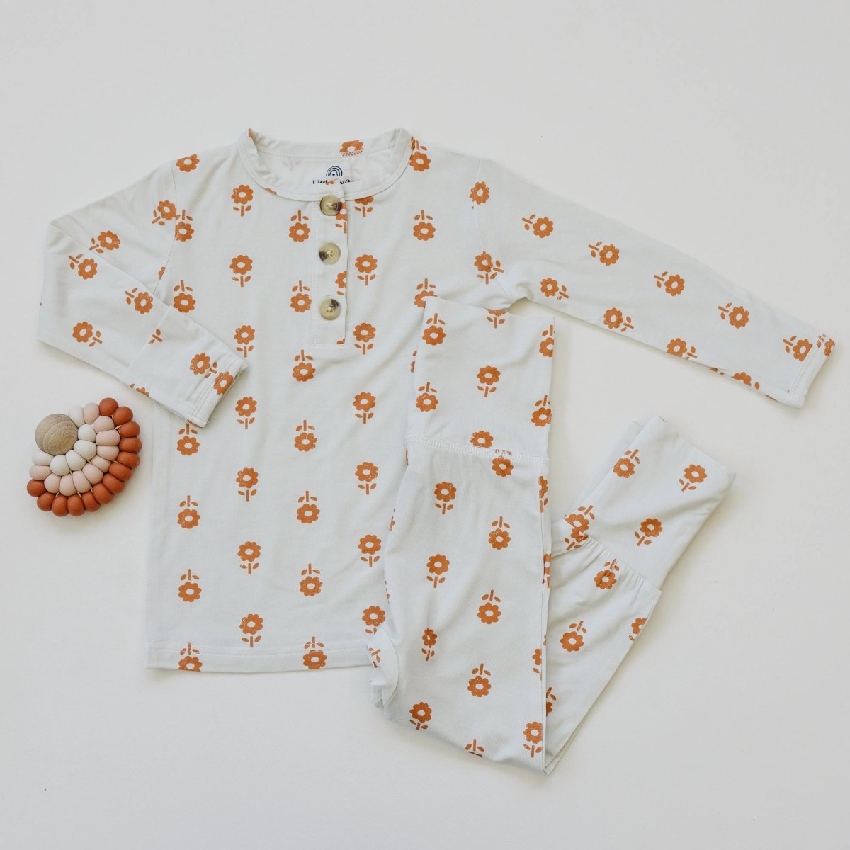Little Joy Co. Pumpkin Posie Bamboo Pajamas For Kids 2 Piece Henley Set - Everetts Place Boutique - 