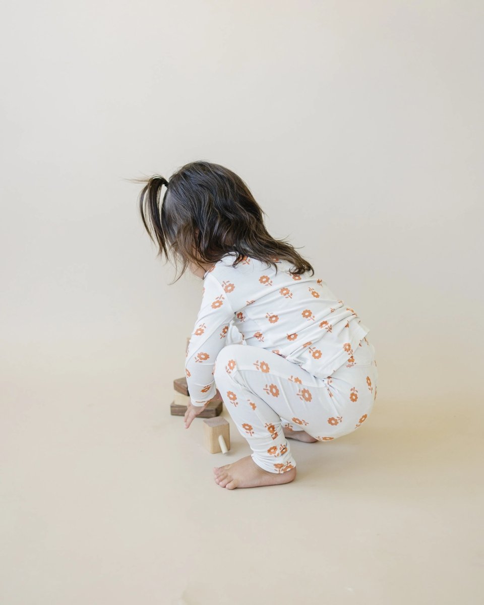 Little Joy Co. Pumpkin Posie Bamboo Pajamas For Kids 2 Piece Henley Set - Everetts Place Boutique - 