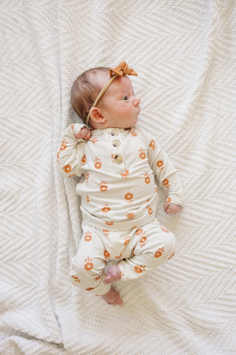 Little Joy Co. Pumpkin Posie Bamboo Pajamas For Kids 2 Piece Henley Set - Everetts Place Boutique - 