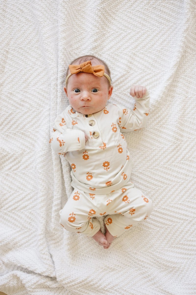 Little Joy Co. Pumpkin Posie Bamboo Pajamas For Kids 2 Piece Henley Set - Everetts Place Boutique - 