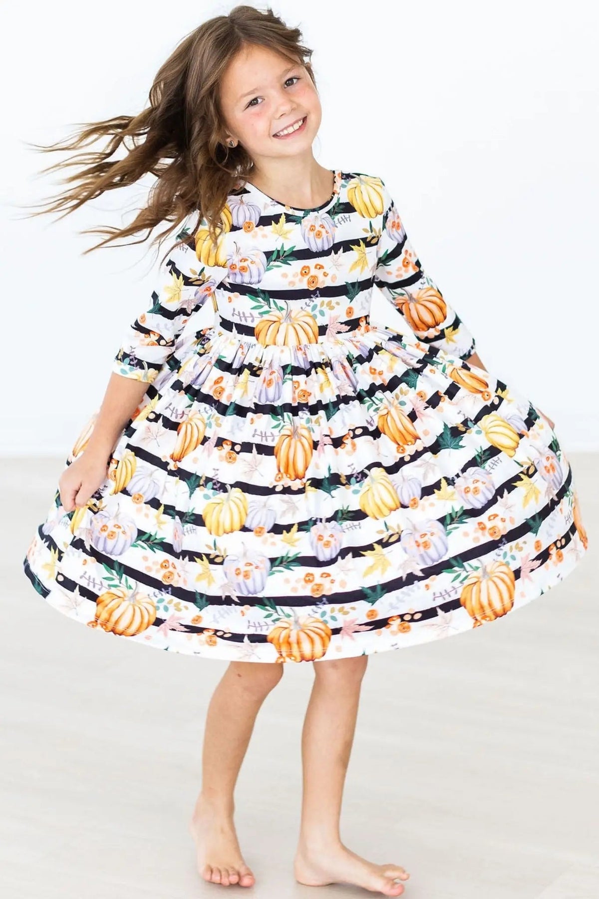 Mila & Rose ® Pumpkins And Peonies Three Quarter Sleeve Pocket Twirl Dress - 