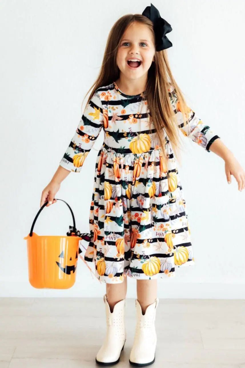 Mila & Rose ® Pumpkins And Peonies Three Quarter Sleeve Pocket Twirl Dress - 