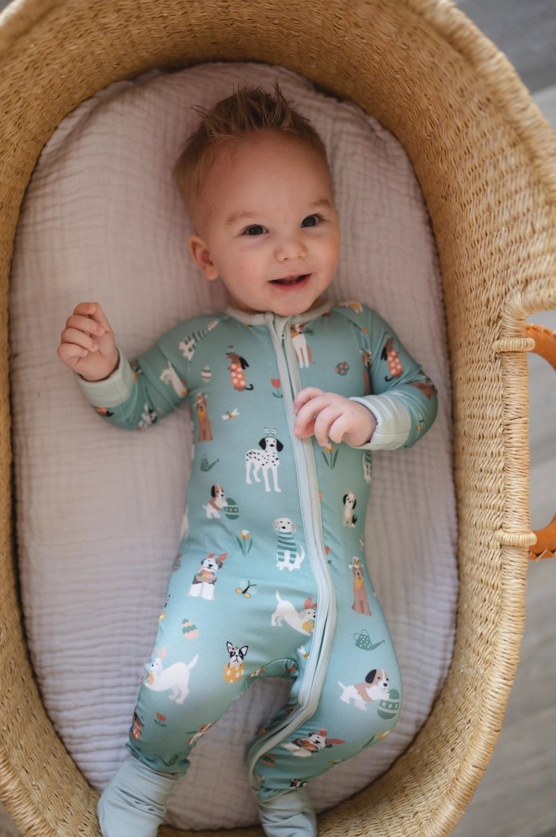 Dreamlet Puppy Egg Hunt Convertible Zip Footies Aquamarine Sleepwear - Everetts Place Boutique - 