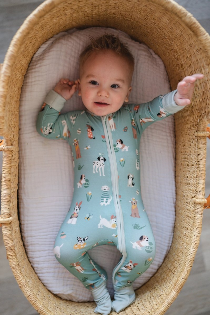 Dreamlet Puppy Egg Hunt Convertible Zip Footies Aquamarine Sleepwear - Everetts Place Boutique - 