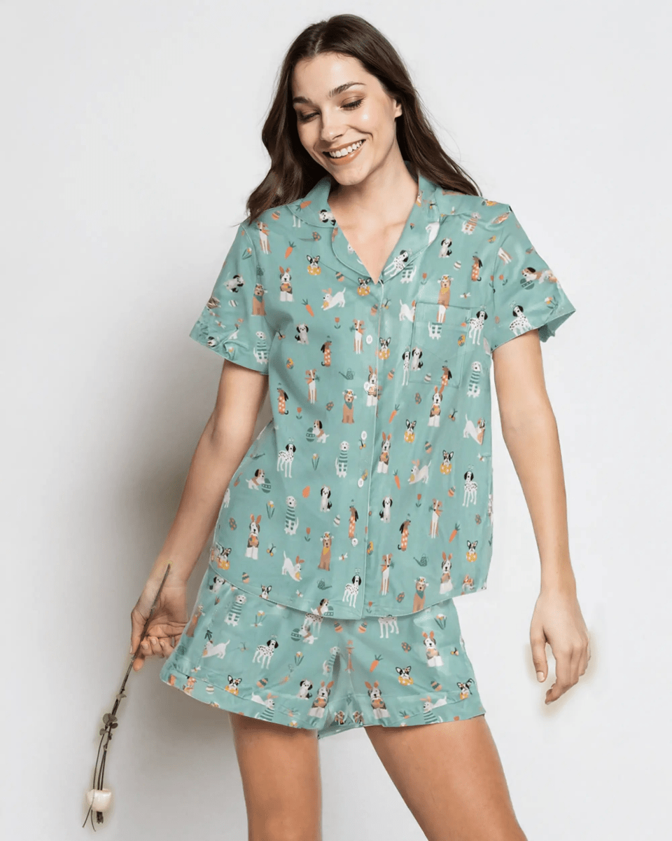 Dreamlet Puppy Egg Hunt Womens Short Sleeve Pajama Set Aquamarine - Everetts Place Boutique - 