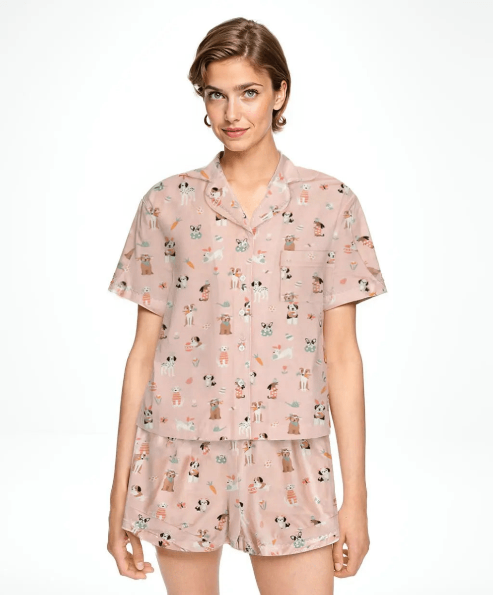 Dreamlet Puppy Egg Hunt Womens Short Sleeve Pajama Set Pink Dreamlet - Everetts Place Boutique - 