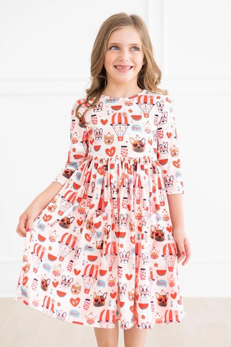 Mila & Rose ® Puppy Love 3/4 Sleeve Pocket Twirl Dress - 