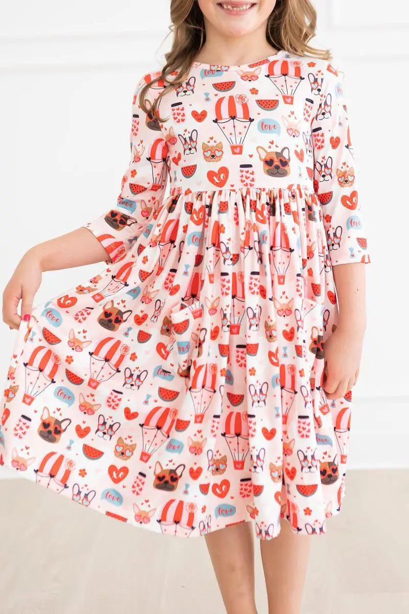 Mila & Rose ® Puppy Love 3/4 Sleeve Pocket Twirl Dress - 