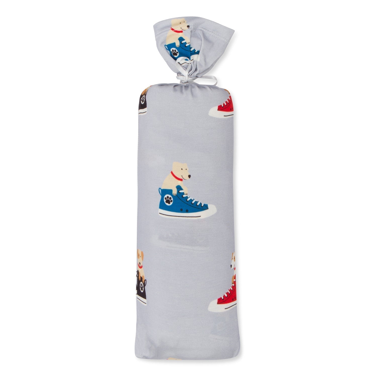 Puppy Love swaddle blanket with a repeating puppy print, spread out flat to show the design.