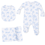 Angel Dear Puppy Toile Blue - 2 Way Zipper Footie, Swaddle & Bandana Bib Set - 