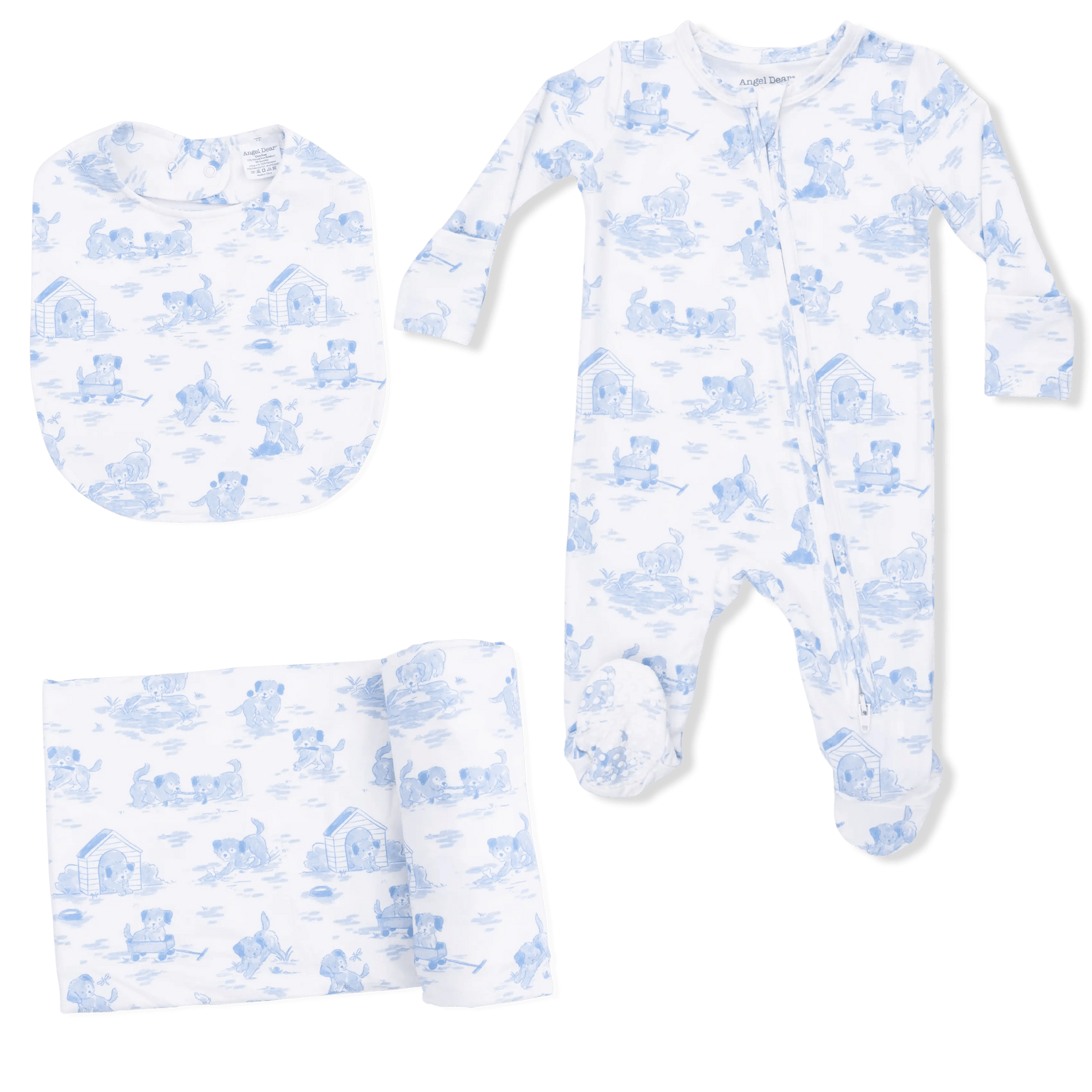 Angel Dear Puppy Toile Blue - 2 Way Zipper Footie, Swaddle & Bandana Bib Set - 