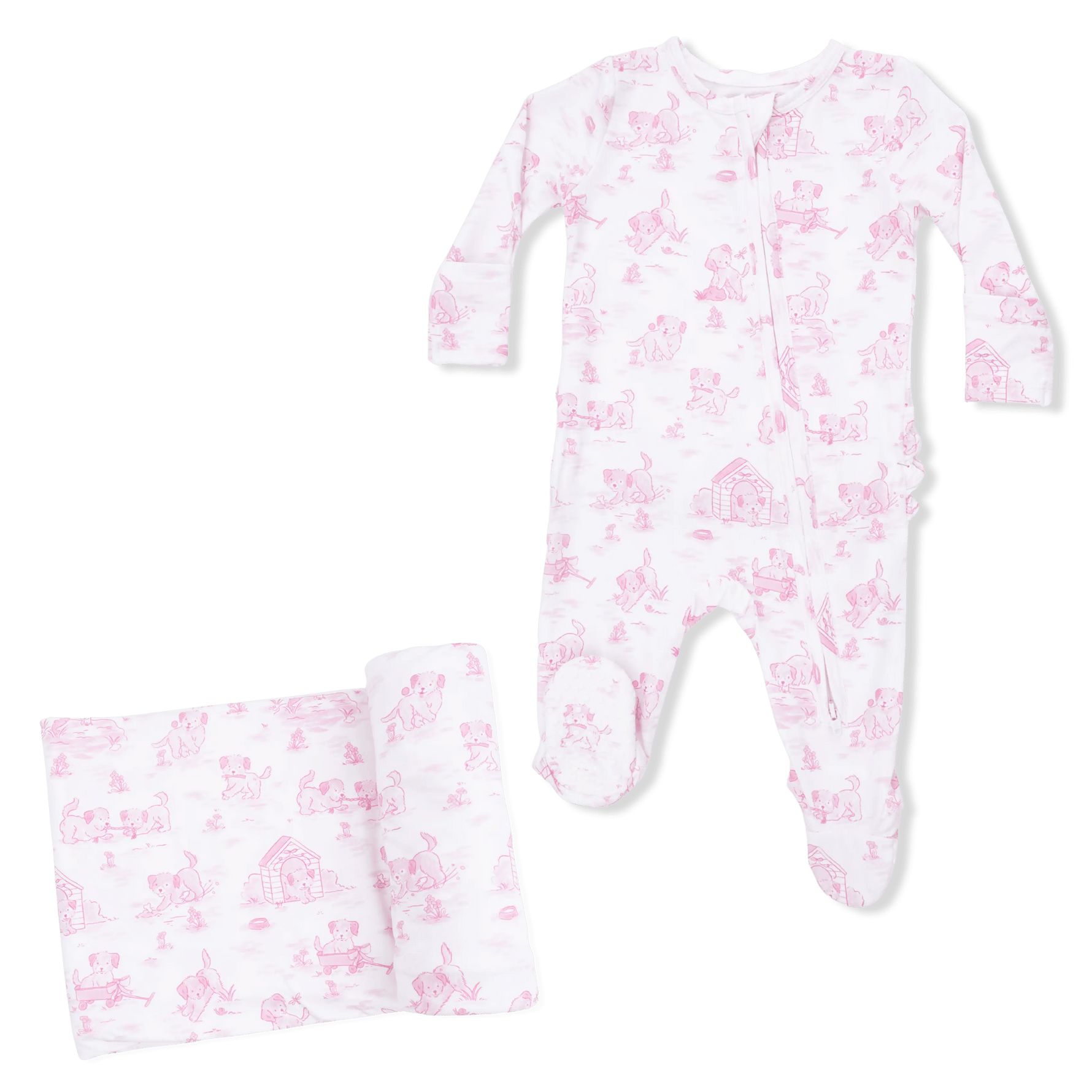 Angel Dear Puppy Toile Pink - 2 Way Ruffle Back Zipper Footie & Swaddle Blanket Set - 