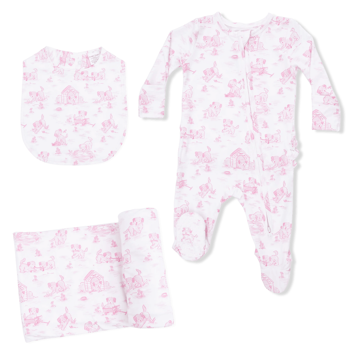 Angel Dear Puppy Toile Pink - 2 Way Ruffle Back Zipper Footie with Bandana Bib, and Swaddle Blanket Set - 