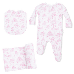 Angel Dear Puppy Toile Pink - 2 Way Ruffle Back Zipper Footie with Bandana Bib, and Swaddle Blanket Set - 