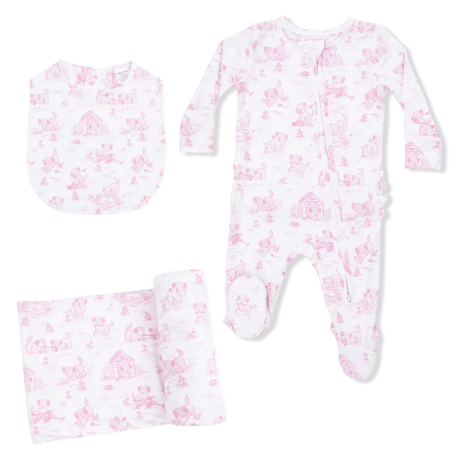 Angel Dear Puppy Toile Pink - 2 Way Ruffle Back Zipper Footie with Bandana Bib, and Swaddle Blanket Set - 