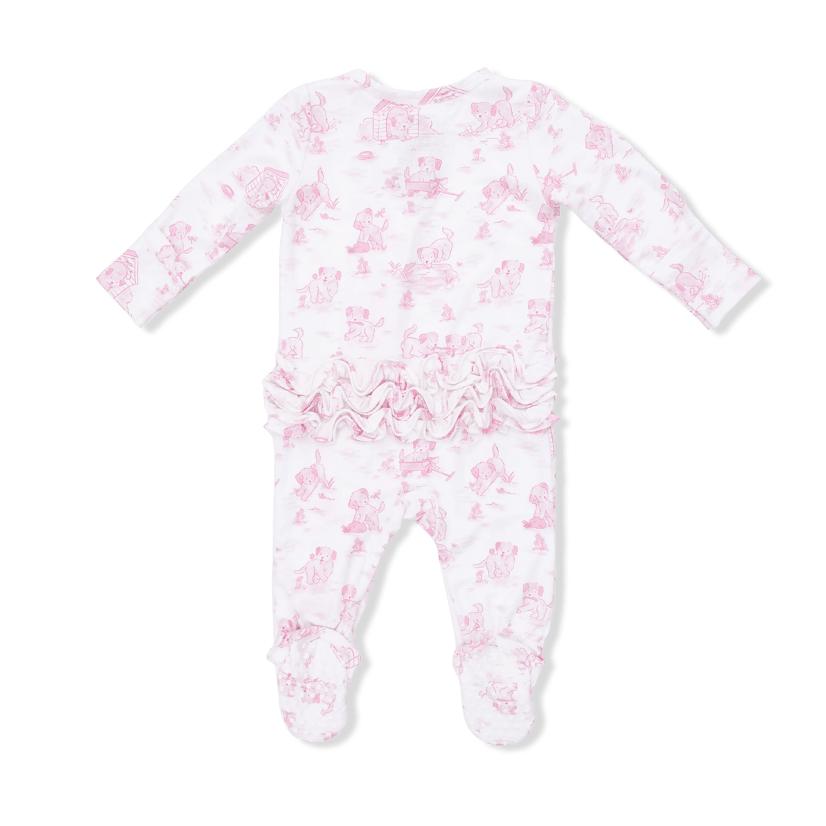 Angel Dear Puppy Toile Pink - 2 Way Ruffle Back Zipper Footie with Bandana Bib, and Swaddle Blanket Set - 