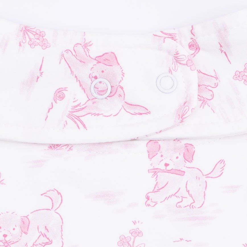 Angel Dear Puppy Toile Pink - 2 Way Ruffle Back Zipper Footie with Bandana Bib, and Swaddle Blanket SetEveretts Place