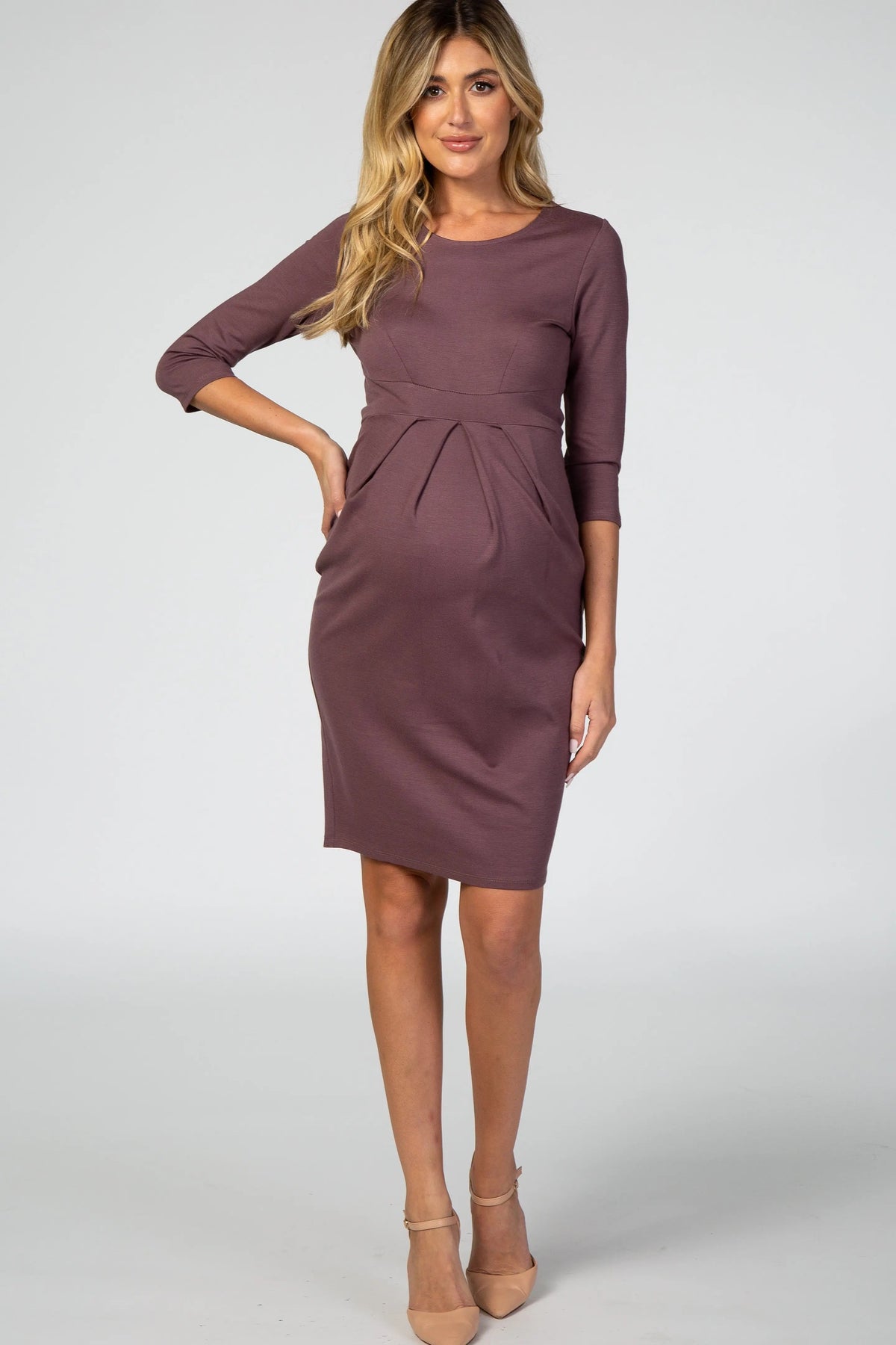 PinkBlush Purple 3/4 Sleeves Front Pleated Maternity Dress - 