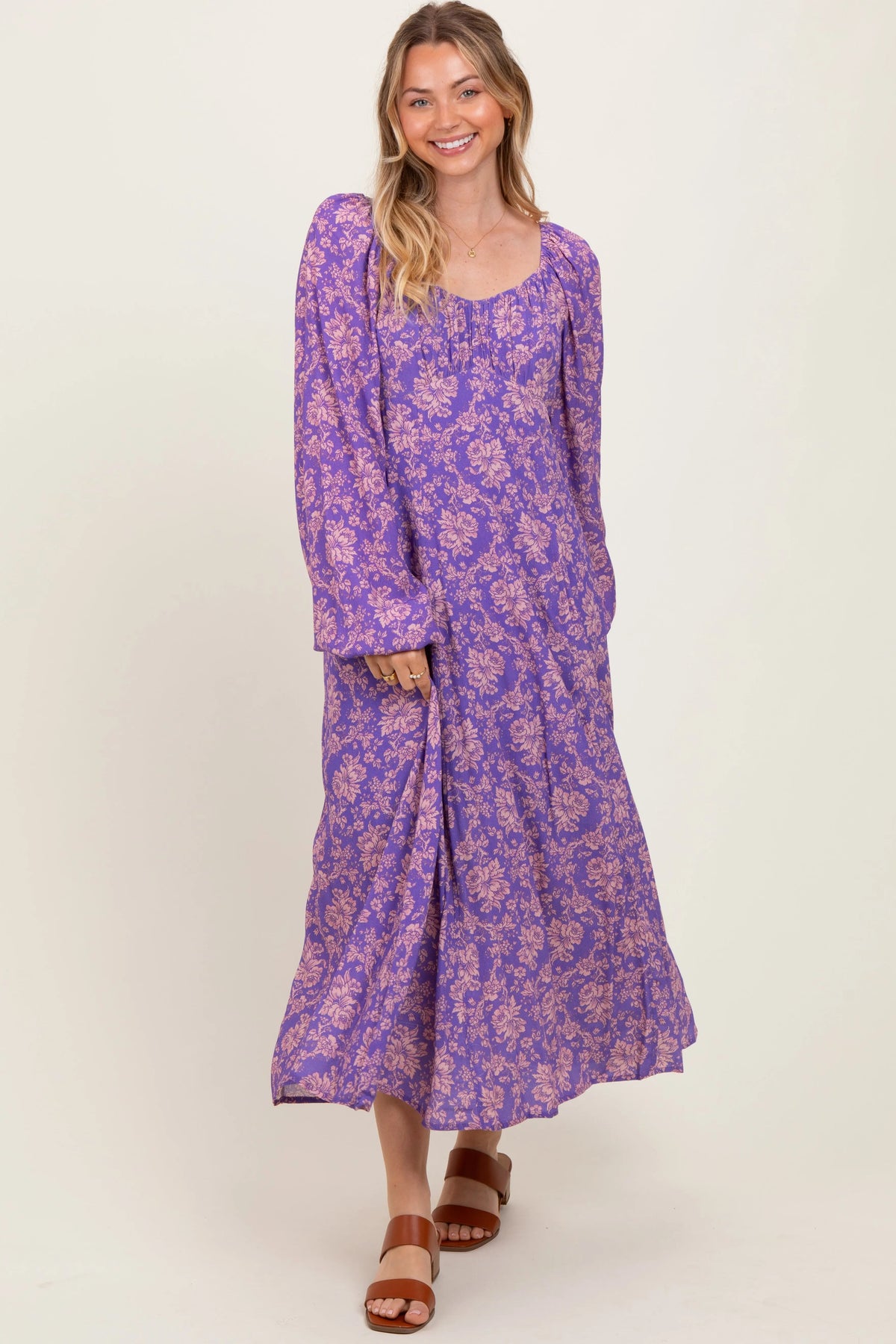 PinkBlush Purple Floral Long Sleeve Maternity Dress - 