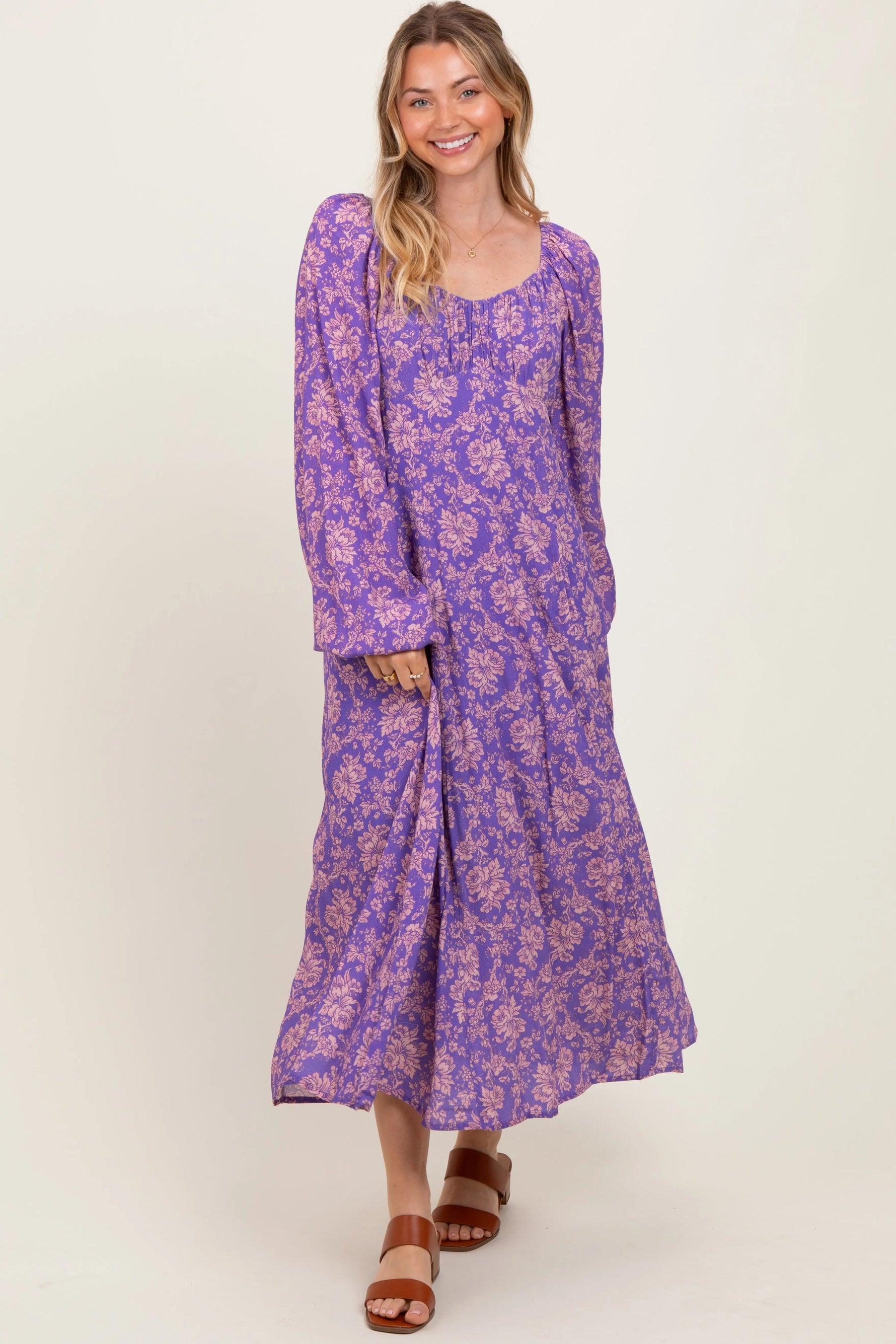PinkBlush Purple Floral Long Sleeve Maternity Dress - 