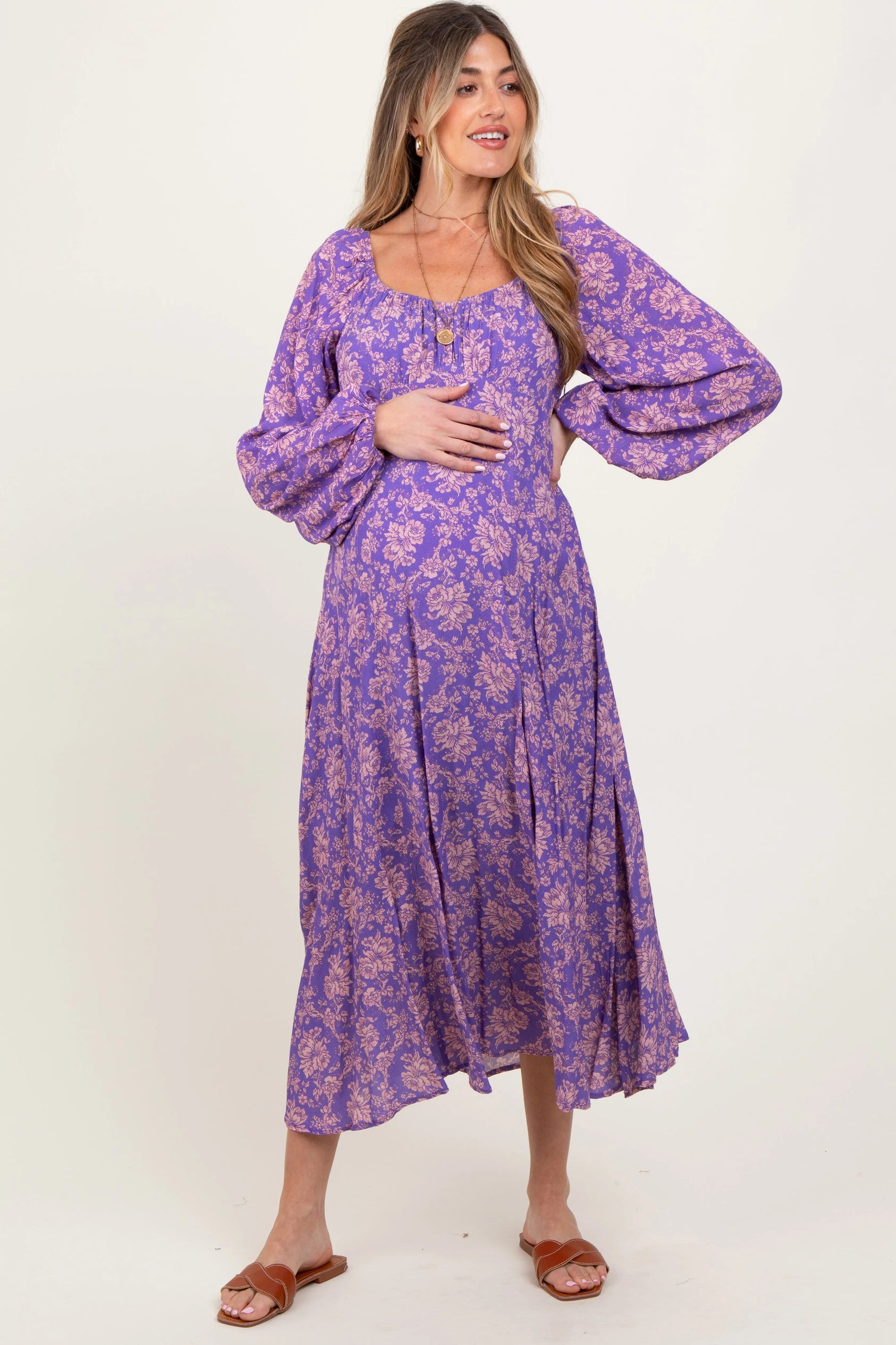 PinkBlush Purple Floral Long Sleeve Maternity Dress - 