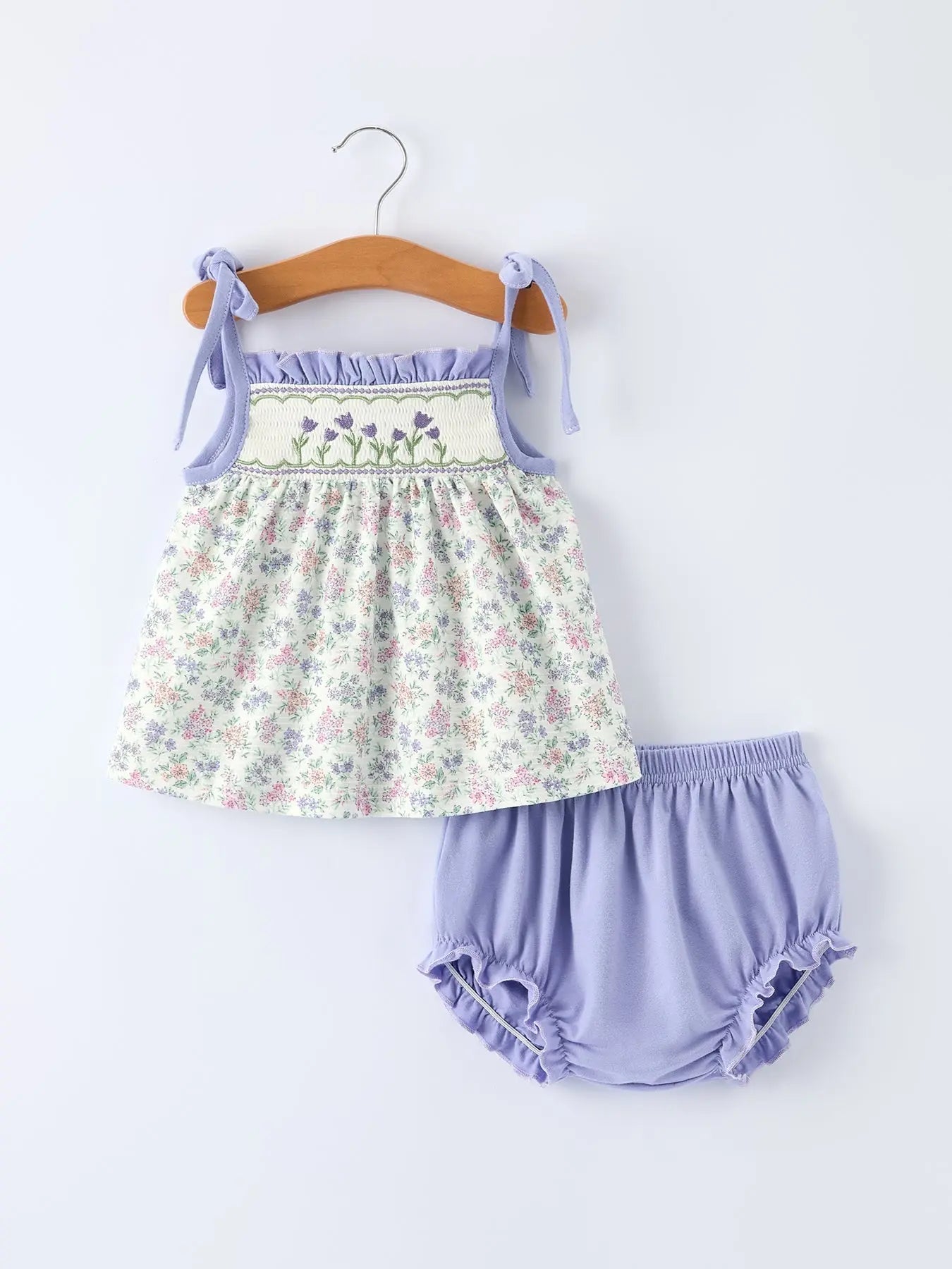 Rylee Faith Designs Purple Floral Smocked Embroidery Baby Girls Bloomers Set - 