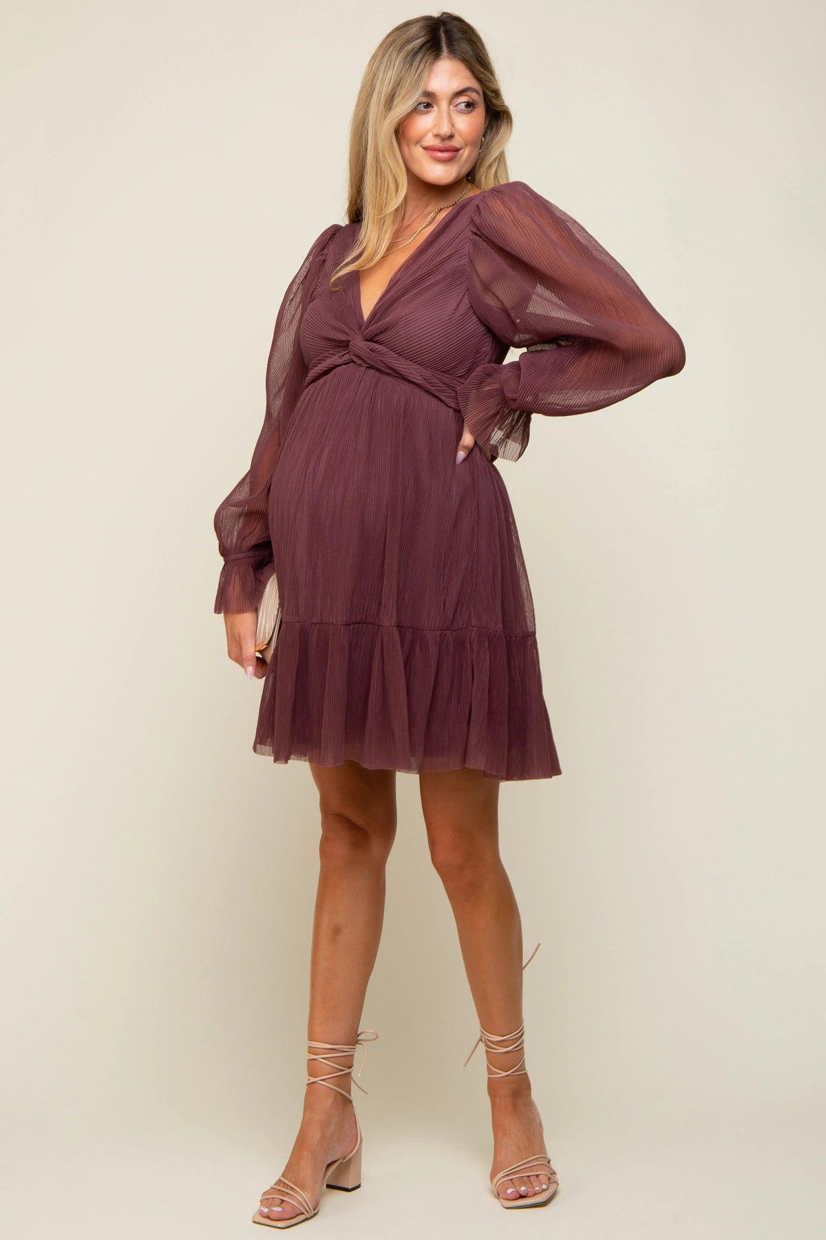PinkBlush Purple Pleated Knotted Long Sleeve Maternity Dress - 