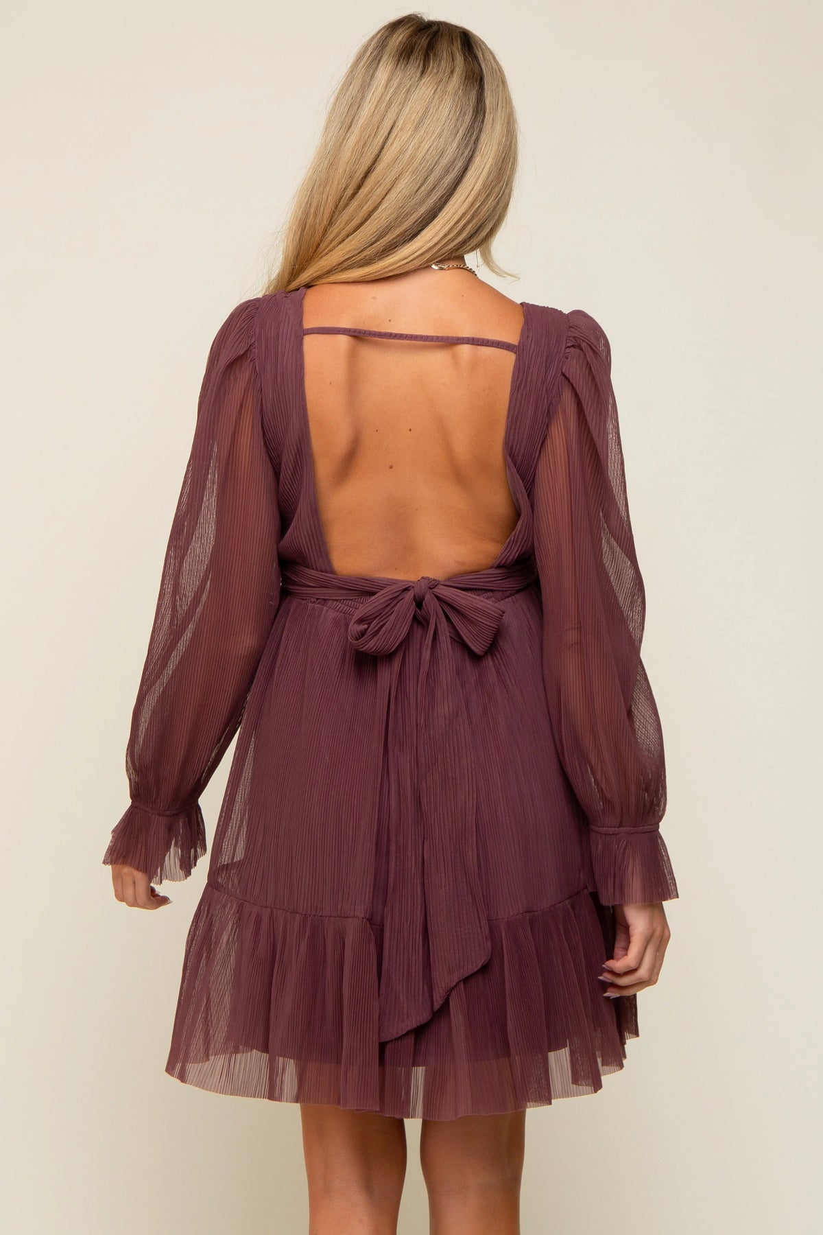 PinkBlush Purple Pleated Knotted Long Sleeve Maternity Dress - 