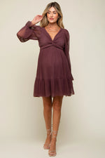 Purple Pleated Knotted Long Sleeve Maternity Dress - Pink, Dress, Day Dress, One-piece garment, Ruffle | Everetts Place