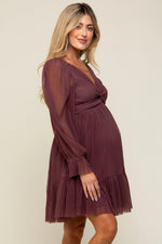 PinkBlush Purple Pleated Knotted Long Sleeve Maternity Dress - 